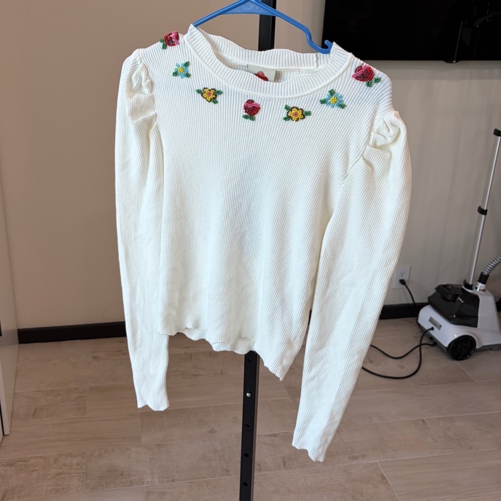 Farm Rio: Off-White Flower Embroidery Knit Top - Picture 4 of 11